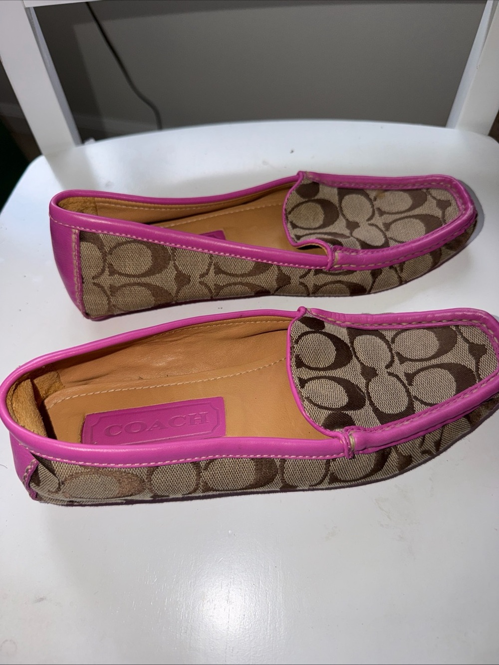 Coach Brown Signature Canvas Loafers with Pink Trim - Picture 7 of 10